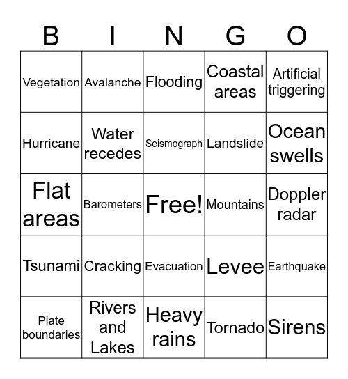 Natural Hazards Bingo Card