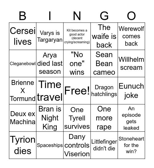 Deihnyx S8 GoT Bingo Card