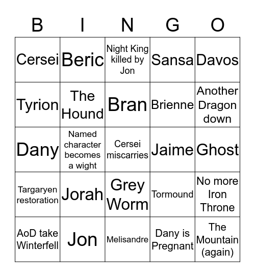 Game of Thrones final season! Bingo Card