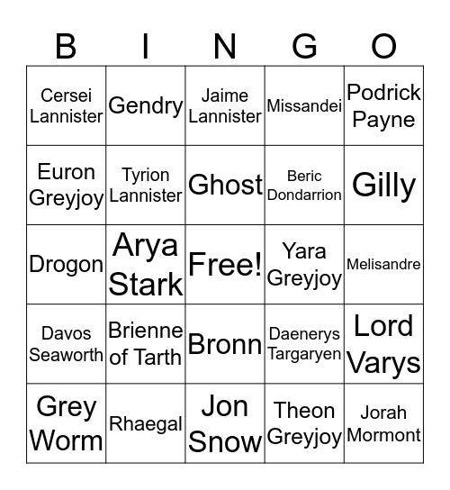 Game of Thrones Bingo Card