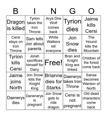 GAME OF THRONES Bingo Card