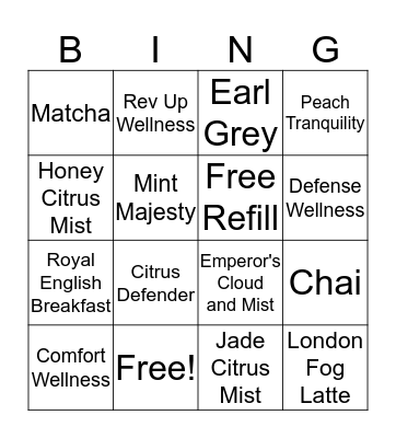 Starbucks Tea Bingo Card