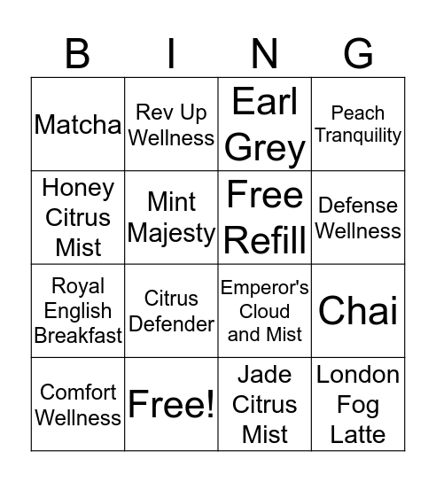 Starbucks Tea Bingo Card