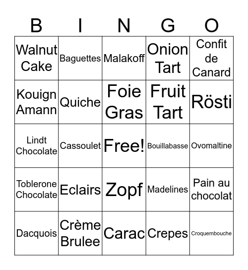 SWITZERLAND FOOD BINGO Card