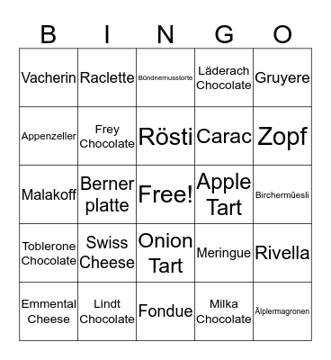 SWITZERLAND FOOD BINGO Card