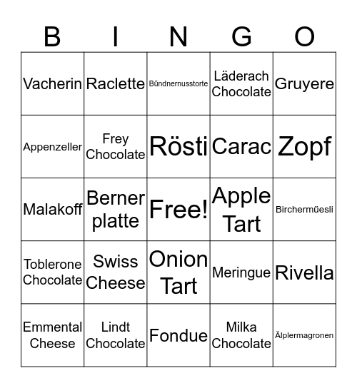 SWITZERLAND FOOD BINGO Card