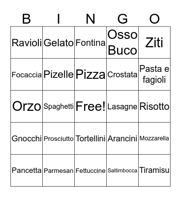 ITALIAN FOOD BINGO Card