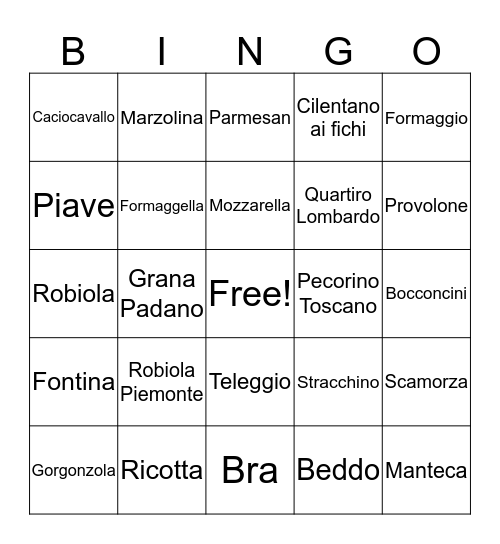 ITALIAN CHEESE BINGO Card