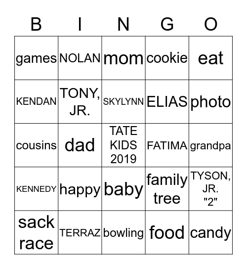 TATE KIDS FAMILY REUNION Bingo Card
