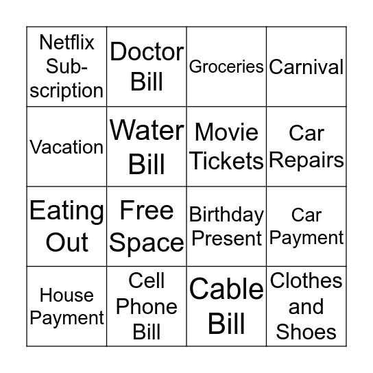Fixed and Variable Expense BINGO Card