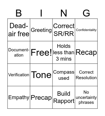 Call Flow Bingo Card