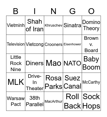 1950's Bingo Card