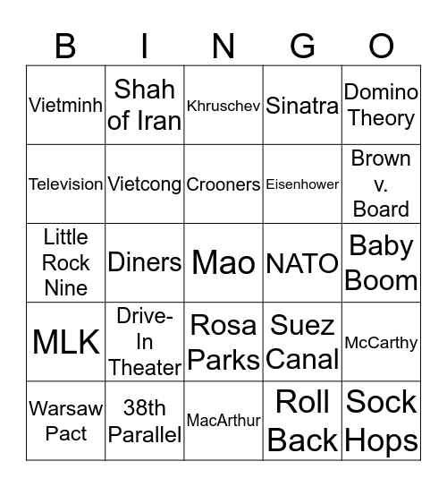 1950's Bingo Card