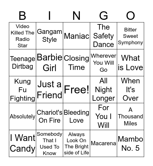 One Hit Wonders Bingo Card