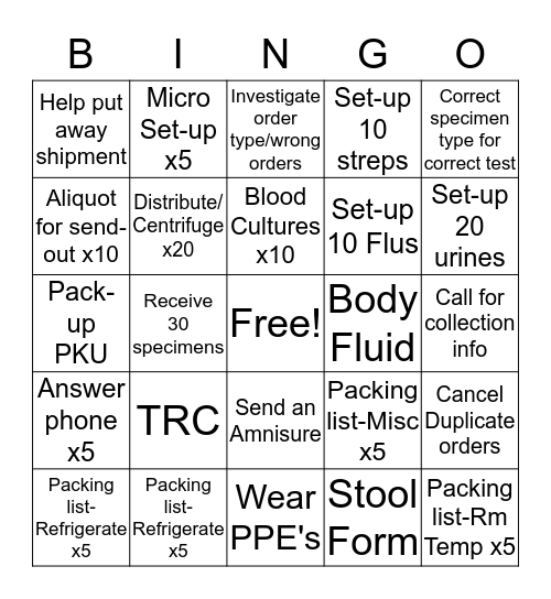 Lab Assistant/Send Out Bingo Card