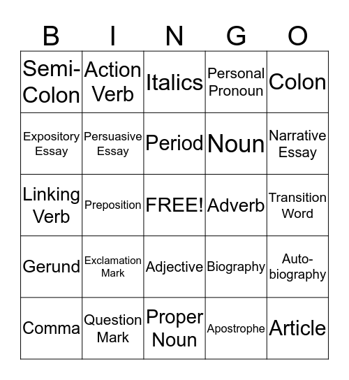 Punctuation, Writing & Parts of Speech Bingo Card