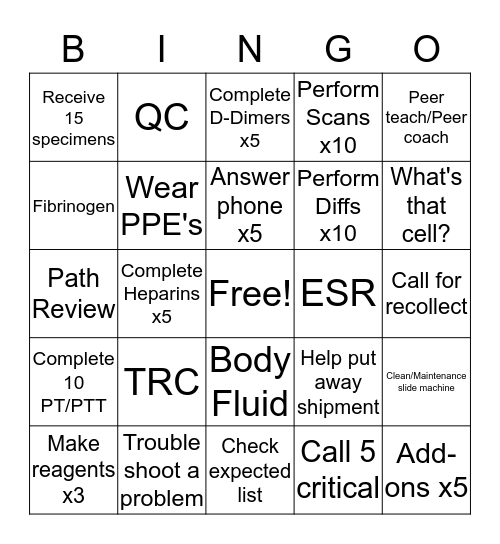 Hematology/Coagulation--Night/Weekend Bingo Card
