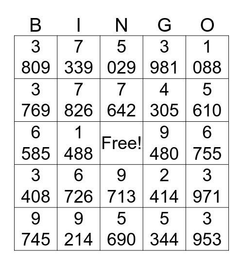 Four Digit Number Bingo Card