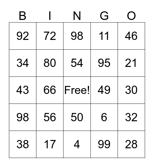 Two Digit Bingo Card