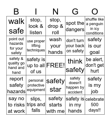 Safety Bingo Card