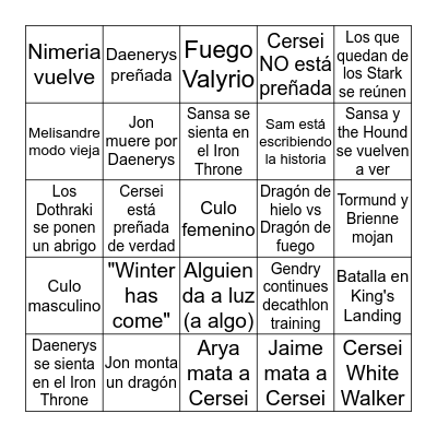 Game of Thrones Season 8 Bingo Card