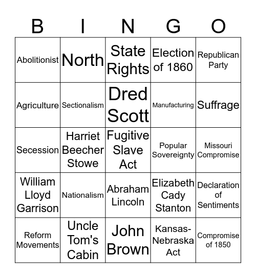 Reform movements and Causes of Civil War Bingo Card