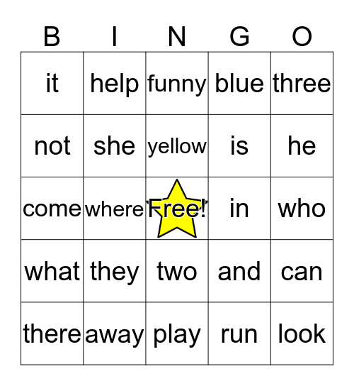 Sight Word BINGO Card