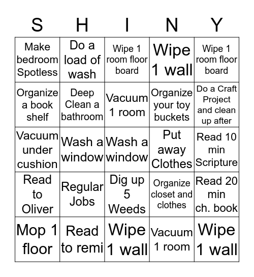 Chore Bingo Card