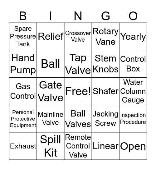 Mainline Valve Inspection Bingo Card