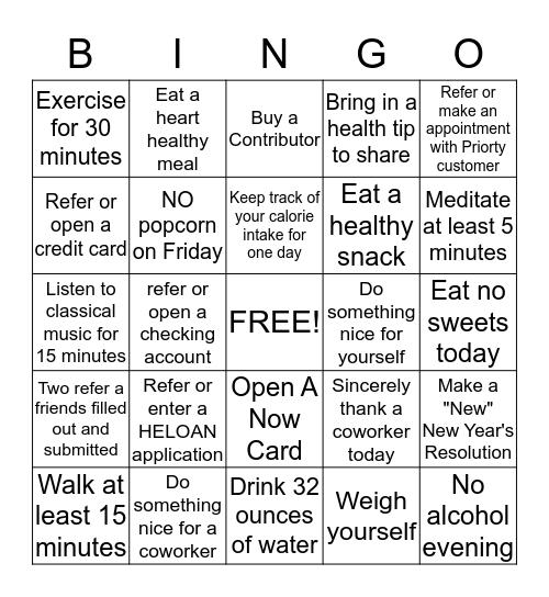 Blackout Bingo Biggest Loser January Bingo Card