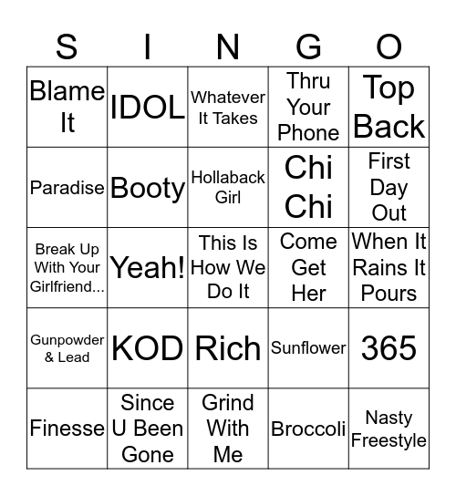 Singo Game 2 Bingo Card