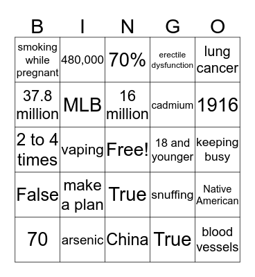 Tobacco Bingo Card
