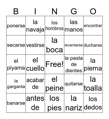 Spanish Vocabulary Bingo Card