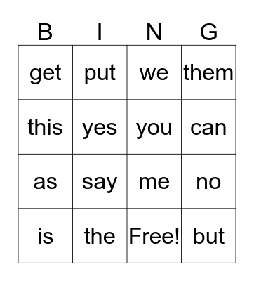 Vocabulary Bingo Card