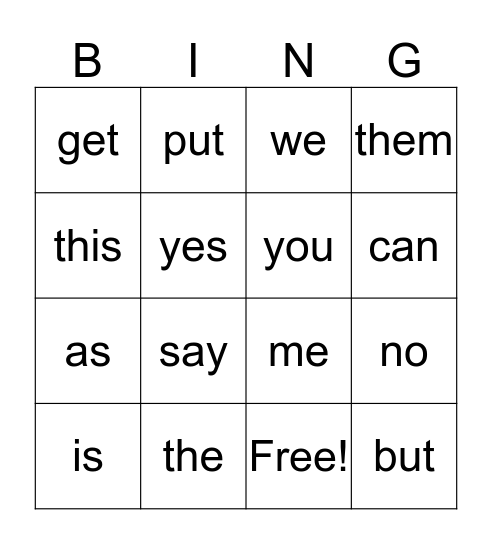 Vocabulary Bingo Card