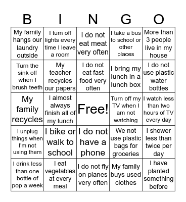 Environment  Bingo Card