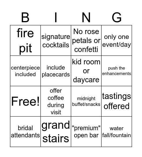 Wedding Venue Adventures Bingo Card