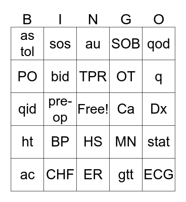 Medical Abbreviations Bingo Card