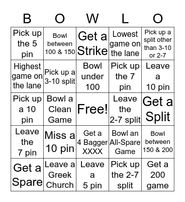 Bowling Bingo Card