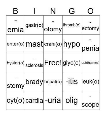 Medical Word Parts Bingo Card