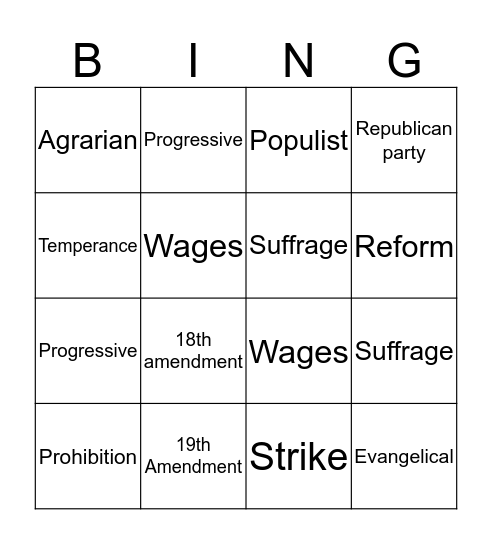 Progressive Era Bingo Card