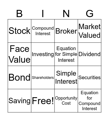 Saving and Investing Unit Review Bingo Card