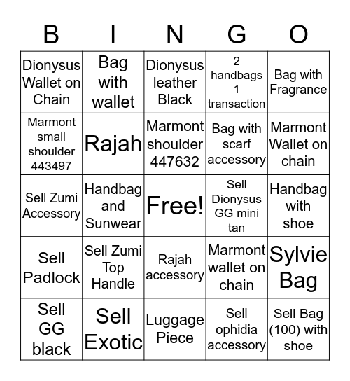 Handbag Bingo  Bingo Card