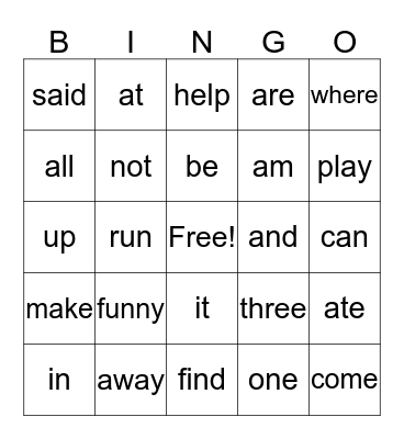 Dolch Words Bingo Card