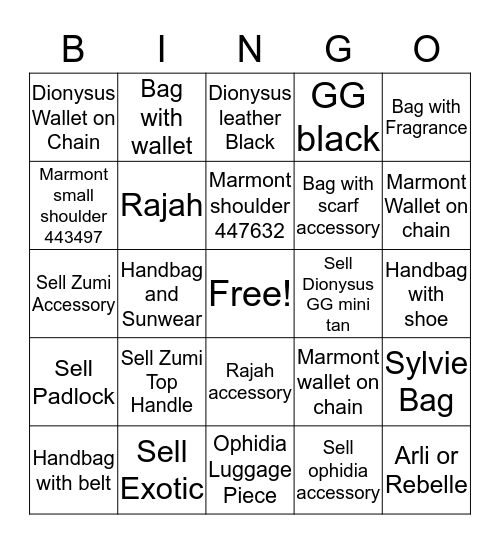Handbag Bingo  Bingo Card