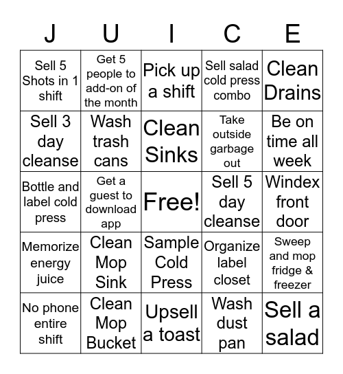 April Clean Juice BINGO Card