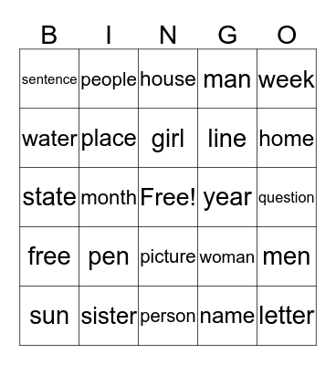 50 Common Nouns Bingo Card