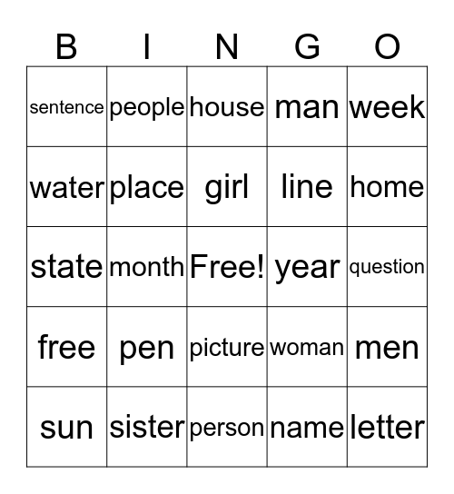 50 Common Nouns Bingo Card