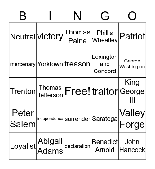 Revolutionary War Bingo Card