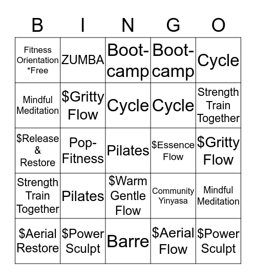 Poyner Group Fitness Bingo Challenge Bingo Card